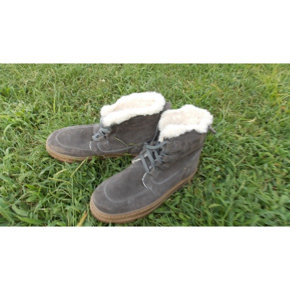 Earth Origins Suede Ankle Boots Womens 11 Thunder Grey Faux Fur Lace‎ Up Boho - Picture 1 of 13